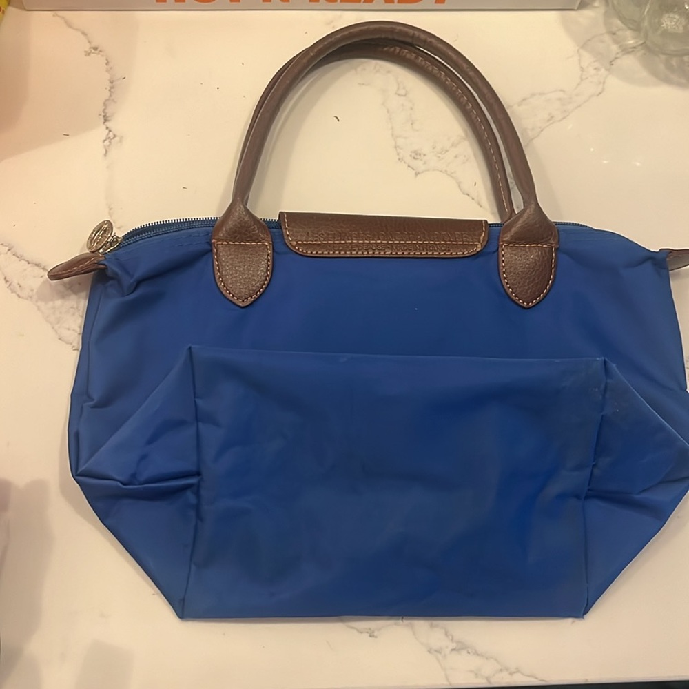 Small Longchamp Blue/Brown Nylon and Leather Le Pliage Tote - Picture 6 of 12